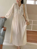 Amfeov French Spliced Hollow Lace Long-Sleeved Dress