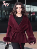 christmas outfit Amfeov 2025 Burgundy Elegant Lace Up Faux Fur Cuffs Woolen Coat New Women's Fashion Long Sleeve Lapel Jacket Temperament Ladies Outwear