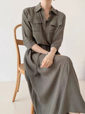 Amfeov Comfy Drawstring Lapel Waist Dress