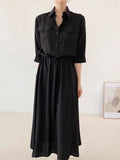 Amfeov Comfy Drawstring Lapel Waist Dress