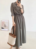 Amfeov Comfy Drawstring Lapel Waist Dress