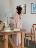 Amfeov Romantic Pink Backless Puff Sleeve Long Vacation Dress