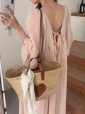 Amfeov Romantic Pink Backless Puff Sleeve Long Vacation Dress