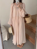 Amfeov Romantic Pink Backless Puff Sleeve Long Vacation Dress