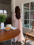 Amfeov Romantic Pink Backless Puff Sleeve Long Vacation Dress