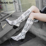 cold weather outfits Amfeov 2020 Cowboy boots Knee high print Pointed toe heel Brand women boots wedges shoes Big size 44