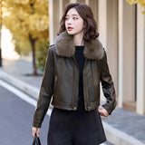 cold weather outfits Amfeov Women's Autumn Winter New Style Leather Jacket Large Collar Fleece Lined And Thickened Petite Jacket PULeather ZH1138