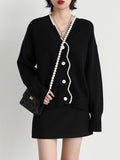 christmas outfit Amfeov Casual Loose Long Sleeves Buttoned Contrast Color V-Neck Cardigan Tops