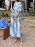 Amfeov Loose Stripe Short Sleeve Long Dress