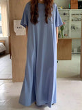 Amfeov Loose Comfy Solid Color Short Sleeve Long Dress