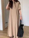 Amfeov Loose Comfy Solid Color Short Sleeve Long Dress