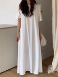 Amfeov Loose Comfy Solid Color Short Sleeve Long Dress