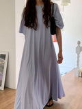 Amfeov Loose Comfy Solid Color Short Sleeve Long Dress