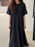 Amfeov Loose Comfy Solid Color Short Sleeve Long Dress