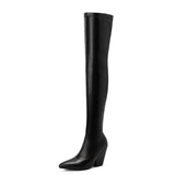 cold weather outfits Amfeov Thigh Boots 60cm Shaft Pointed Toe Block Heel 9.5cm Stretchy Booties Sexy Party Big Size 47 48