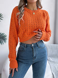 christmas outfit Amfeov Long Sleeves Loose Backless Buttoned Hollow Solid Color Split-Joint Round-Neck Pullovers Sweater Tops