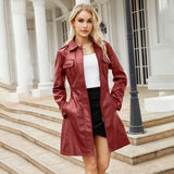 cold weather outfits Amfeov New Fashionable Medium-length Genuine Leather Coat Belt Long Sleeve For Spring Autumn Women's Leather Jacket 6652