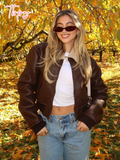 christmas outfit Amfeov Vintage Brown Spliced Lambwool Lapel Leather Bomber Jacket Women Chic Zipper Long Sleeve Cropped Coats Lady Warm Streetwear 2025