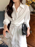 Amfeov Lapel Cross-Tie Balloon Sleeve Shirt Dress