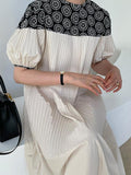 Amfeov Vintage Crew Neck Heavy Embroidered Puff Sleeve Pleated Dress