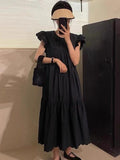 Amfeov Fly-Sleeve Crew Neck Pleated Dress