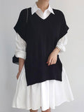 Amfeov Split Knit Vest + Lapel Long Sleeve Shirt Dress