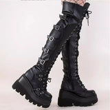 Amfeov Brand Design Big Size 43 Shoelaces Cosplay Motorcycles Boots Buckles Platform Wedges High Heels Thigh High Boots Women Shoes