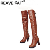 cold weather outfits Amfeov Over-Knee High Boots Round Toe Block Heel TPU Outsole Charm Size 33-45 Mature Red S2675