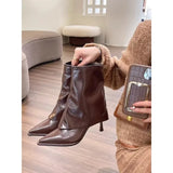 Amfeov Ankle Boots Women Black Beige Brown Microfiber Leather Women Short Boots Pointed Toe Stiletto High Heel Winter Ladies Boots