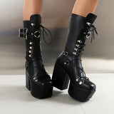 cold weather outfits Amfeov Women Boots Toe Block Heels 12cm Platform Hill 5.5cm Lace Up Ladies Booty Size 46 47 48