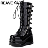 cold weather outfits Amfeov Women Boots Round Toe Patent Leather Wedges 10.5cm Platform Hill 6.5cm Lace Up  Booties