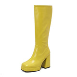 cold weather outfits Amfeov Women Knee High Boots Toe Block Heels 10cm Platform 2.5cm Big Size 43 Concise Female Bota