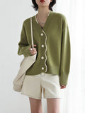 christmas outfit Amfeov Casual Loose Long Sleeves Buttoned Contrast Color V-Neck Cardigan Tops