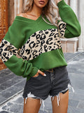 christmas outfit Amfeov Long Sleeves Loose Leopard Split-Joint V-Neck Pullovers Sweater Tops