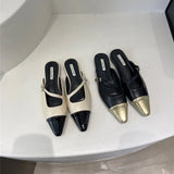 Amfeov Pointed Toe Women Slippers Mixed Solor Color Flat Heels Shallow Slip On Casual Slides Mules Shoes Black Beige Green Slippers