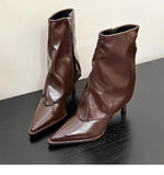 Amfeov Ankle Boots Women Black Beige Brown Microfiber Leather Women Short Boots Pointed Toe Stiletto High Heel Winter Ladies Boots