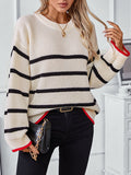 christmas outfit Amfeov Long Sleeves Loose Contrast Color Split-Joint Striped Round-Neck Pullovers Sweater Tops