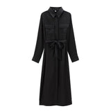 cold weather outfits Amfeov Women's Shirt Dress with Single-Breasted Pockets Trimmed Waist Lace-up Silk Satin Texture Commuter Quality Midi SkirtShirt Dress