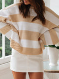 christmas outfit Amfeov Long Sleeves Loose Contrast Color Striped Round-Neck Pullovers Sweater Tops