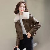 cold weather outfits Amfeov Women's Autumn Winter New Style Leather Jacket Large Collar Fleece Lined And Thickened Petite Jacket PULeather ZH1138