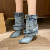 Amfeov 2024 Women's Autumn/Winter Denim Fine High Heel Skirt Boots Fashion Pointed Large Women's Four Seasons Short Boots