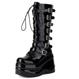 cold weather outfits Amfeov Women Boots Round Toe Patent Leather Wedges 10.5cm Platform Hill 6.5cm Lace Up  Booties