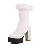 cold weather outfits Amfeov Women Knight Boots Round Toe Block Heels 11cm Platform Hill Fur Mid Calf Bota Size 47 48