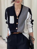 christmas outfit Amfeov Urban Long Sleeves Contrast Color Split-Joint V-Neck Cardigan Tops