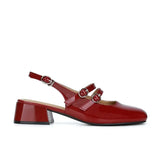 Amfeov Classic Red Mary Jeans Woman Patent Leather Med-High Heels Sandals Two Buckle Belt Strap Shoes Femme Slingback Lolita Footwear