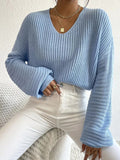 christmas outfit Amfeov Long Sleeves Loose Solid Color Split-Joint V-Neck Pullovers Sweater Tops