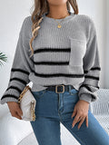 christmas outfit Amfeov Long Sleeves Loose Contrast Color Pockets Split-Joint Round-Neck Pullovers Sweater Tops