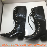 cold weather outfits Amfeov Patent Leather Women Knee High Boots Pointed Toe Chunky Heel 6.5cm Lace Up Decor Size 44 45 46 Booties