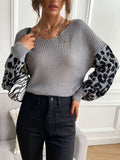 christmas outfit Amfeov Loose Puff Sleeves Leopard Split-Joint V-Neck Sweater Tops