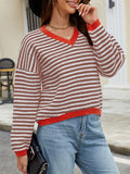 christmas outfit Amfeov Long Sleeves Loose Contrast Color Jacquard Striped V-Neck Pullovers Sweater Tops